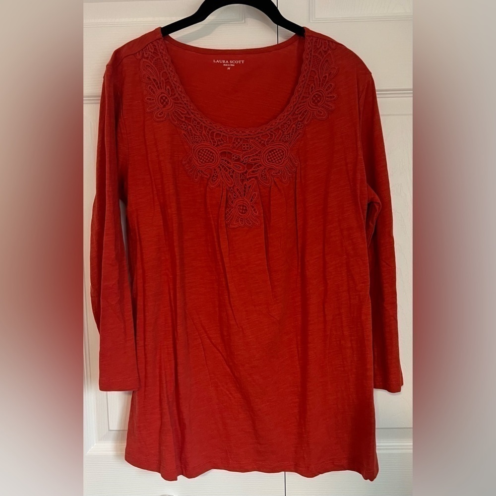 Laura Scott 3/4 Sleeved Top with Embroidered Collar